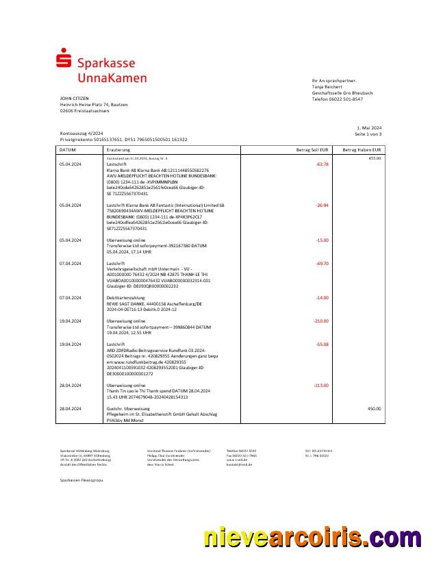 Germany Sparkasse UnnaKamen bank statement Word and PDF
